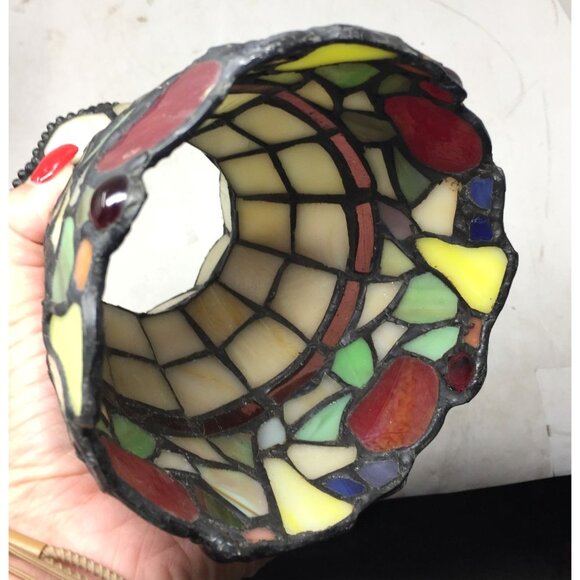 Beautiful Stained Glass Lamp Shade with Scalloped Top Edge & Inlaid Fruit Design - Picture 6 of 11